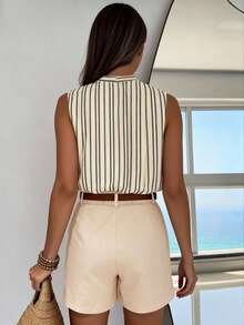EMERY ROSE Summer Casual Striped Sleeveless Top + Shorts Set - Apricot - View 2
