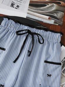 GlowEve Pantalones rectos de mujer de cintura alta con bolsillos, detalles a rayas y lazo, estilo casual y holgado, para verano - Azul - Ver 3