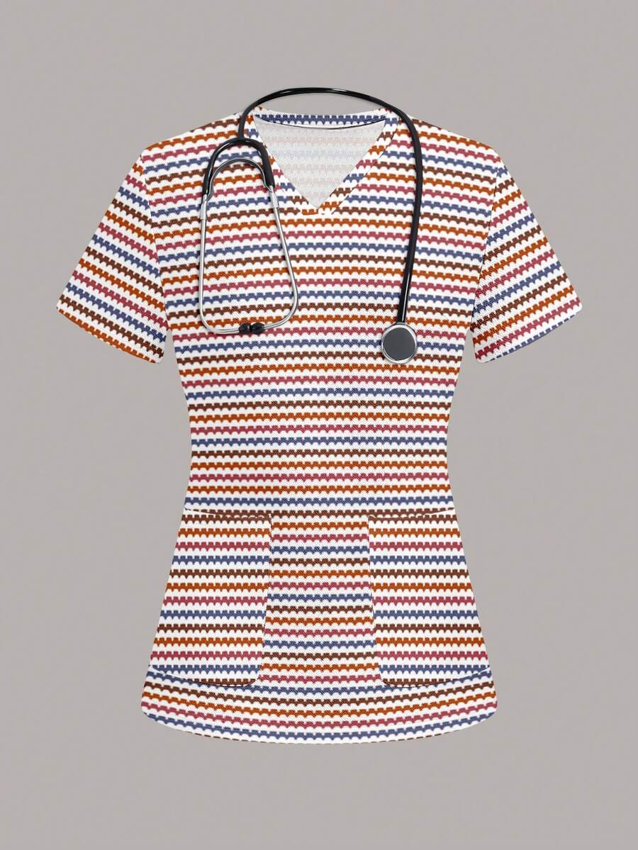 PopScrub Atasan Seragam Scrub Wanita dengan Motif Garis-Garis Warna-warni, Cocok untuk Rumah Sakit Anak dan Hewan Peliharaan - MultiWarna - View 1