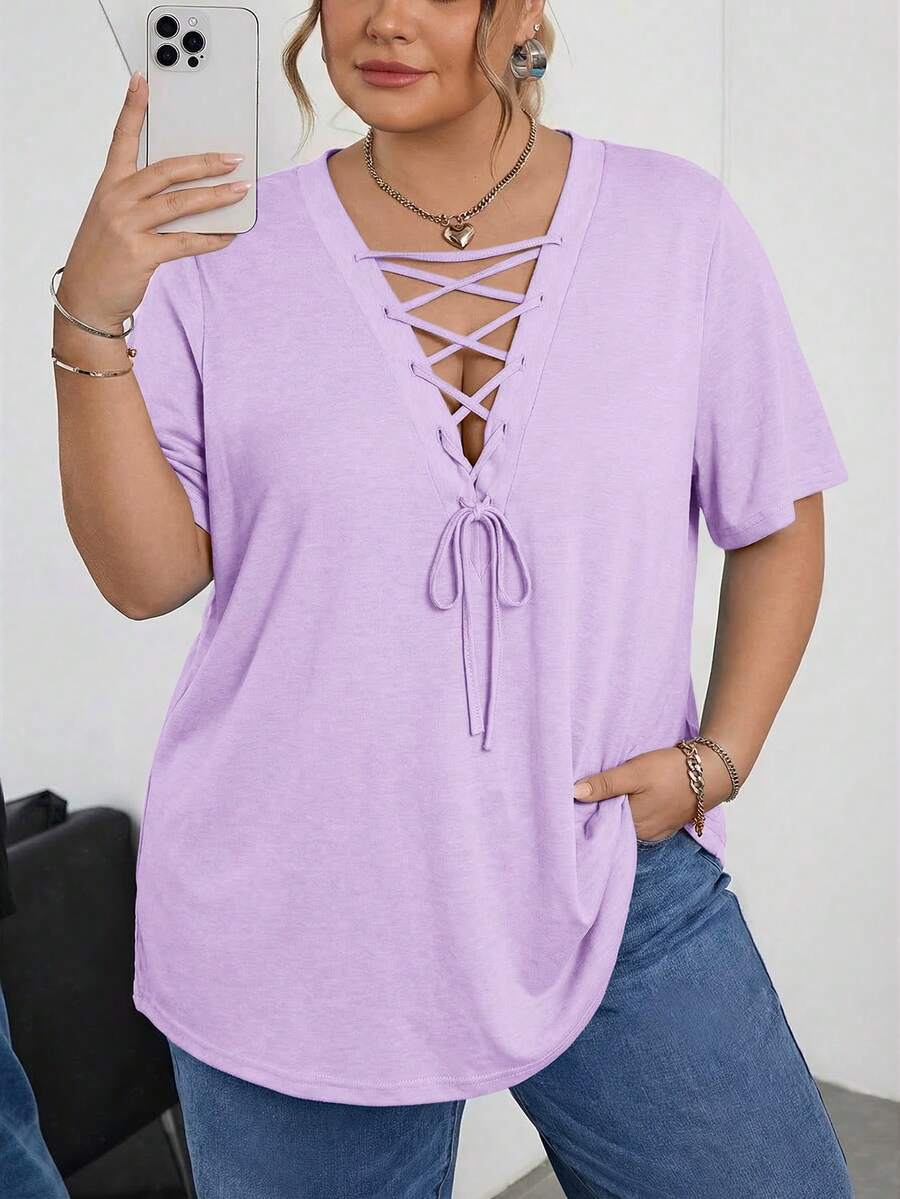 SHEIN CURVE+ 大尺碼女款素色綁帶設計短袖休閒T恤 - 淡紫色 - 查看 1
