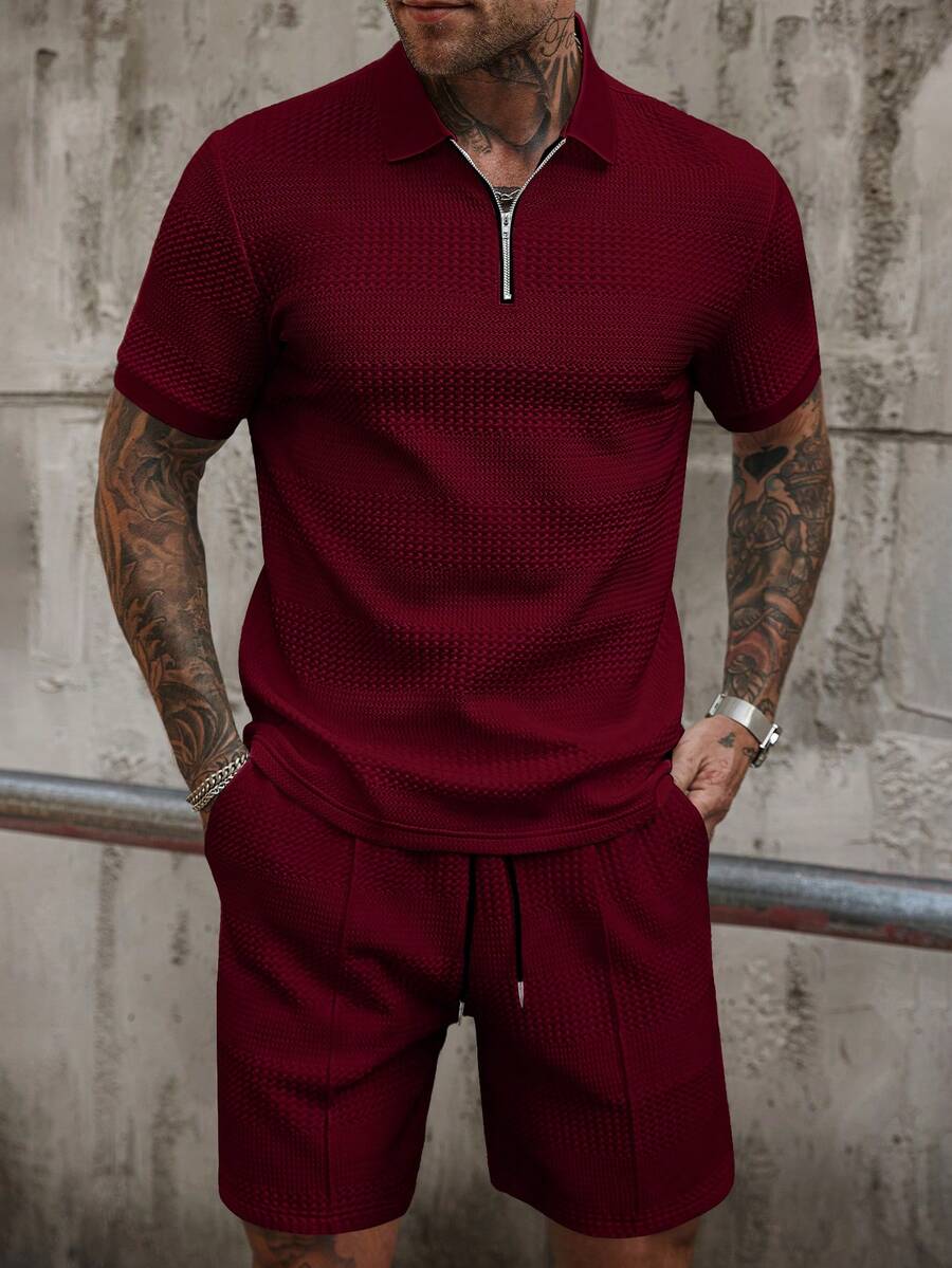 Manfinity Homme Men's Solid Color Knitted Textured Zipper Collar Polo Shirt And Drawstring Waist Shorts Set - Burgundy - View 1