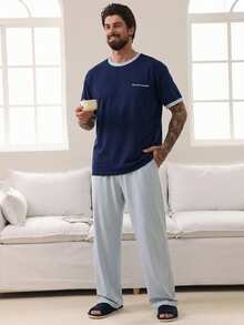 DAZY Men's Raglan Sleeve Contrast Color Loungewear Set, Spring/Summer Pajamas - Multicolor - View 5