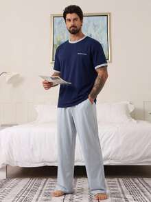 DAZY Men's Raglan Sleeve Contrast Color Loungewear Set, Spring/Summer Pajamas - Multicolor - View 6