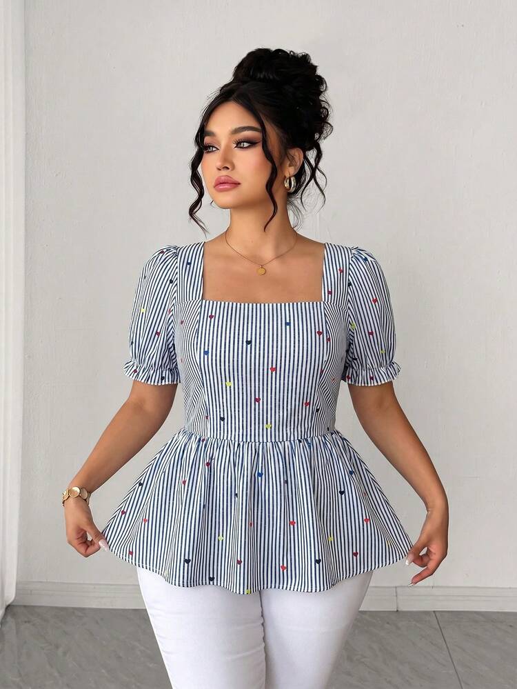 Elenzga Plus Size Women's Elegant Casual Versatile Vacation Outing Puff Sleeve Square Neck Waist-Defining Blouse, Spring/Summer New Style - Multicolor - View 4