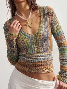 Bohemela Women's V-Neck Long Sleeve Colorblock Fashion Knit Top - Multicolor - View 4
