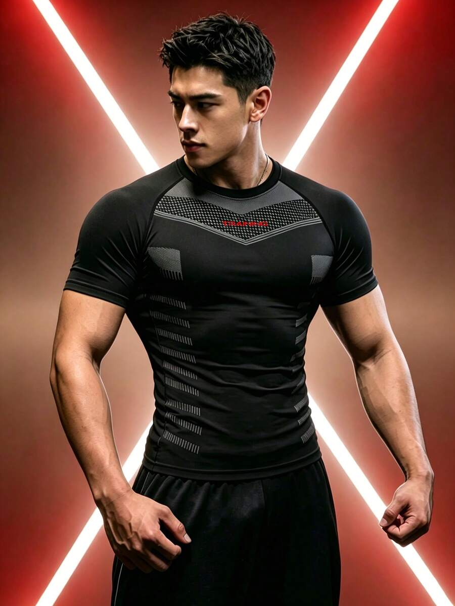 Gym Rark 男士字母印花拼色休閒百搭日常旅行運動健身T恤 - 黑色 - 查看 1