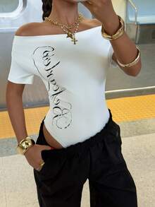 Muchica English Letter Print Off-Shoulder White And Black Sports Sporty Jumpsuit Football Jersey Gym Y2K Athleisure City Break Vacation Football USA Soccer - White - View 1