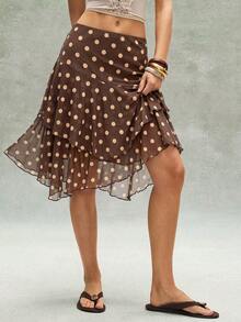 Bohemela Casual Boho Woven Printed Ruffle Hem Loose Asymmetrical Skirt Women's Skirt Vacation Brown Polka Dot Summer - Multicolor - View 5