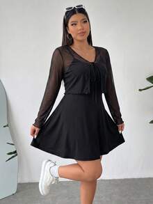 SHEIN EZwear Conjunto de 2 piezas para mujer talla grande con cárdigan de punto de frente abierto & vestido de tirantes finos de unicolor - Negro - Ver 1