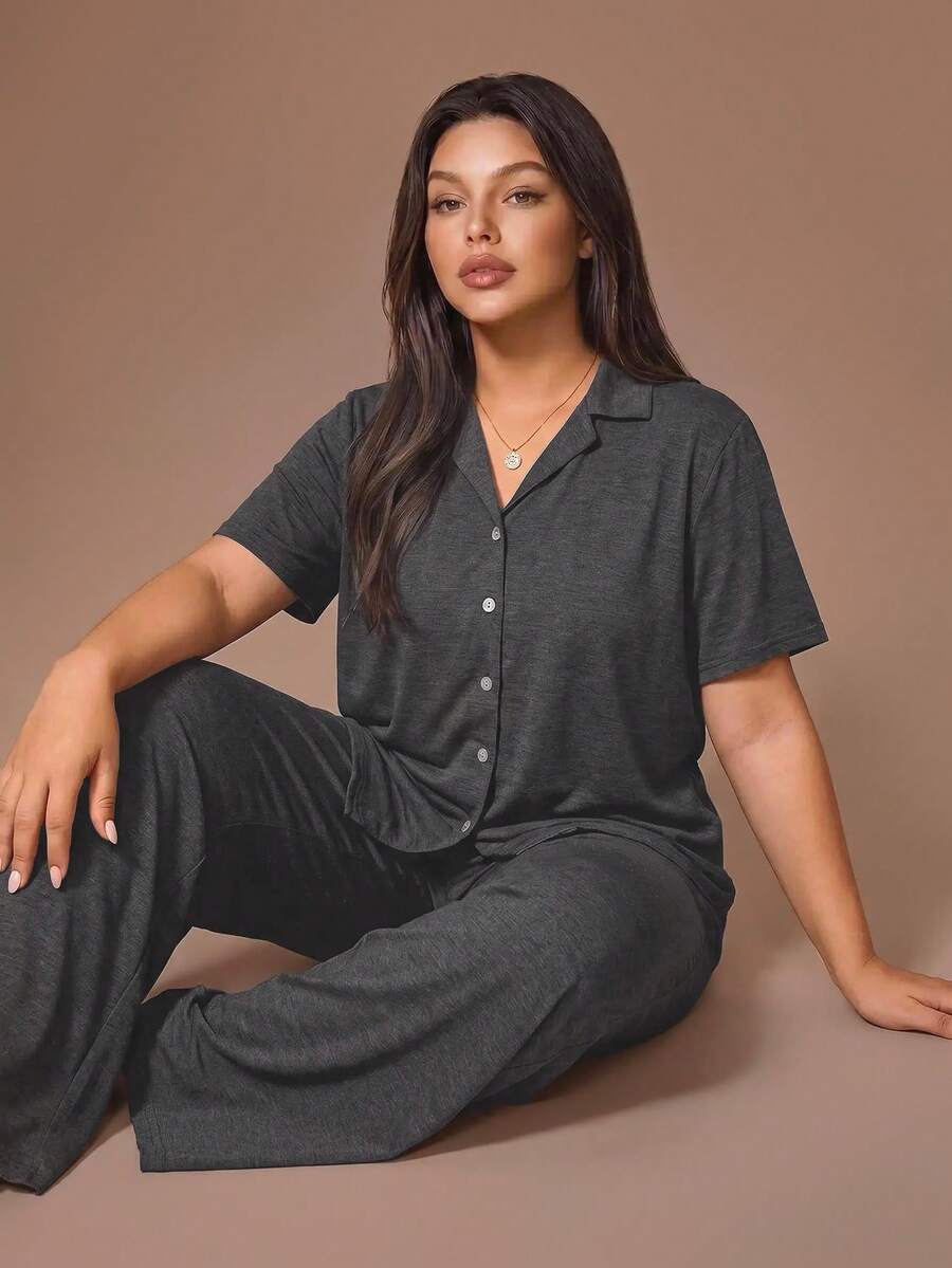 Lazeform Plus Size Soft & Breathable Solid Color Button-Up Top & Pants Pajama Set, Outfits - Dark Grey - View 1