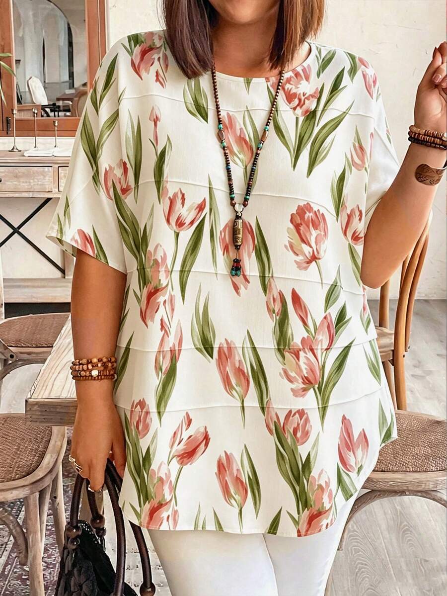 EMERY ROSE Blusa Plus Size com Gola Redonda, Estampa Floral Vintage Miúda, Manga Curta, Camadas, Top Casual para Férias de Verão e Feriados - Damasco - Ver 1