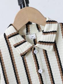 SHEIN Young Boy Striped Pattern Short Sleeve Shirt & Plain Pants Set - Brown - View 6