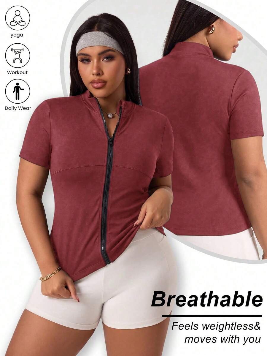 SHEIN Rhythm Era 大尺碼運動夾克多巴胺粉色肩部貼合短袖開襟拉鍊上衣外套 - Red Plum - 查看 1