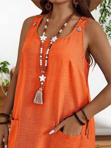 EMERY ROSE Plus Size Women's Summer Solid Color Double Pocket Design Sleeveless Casual Dress, Vacation,Orange - Orange - View 5