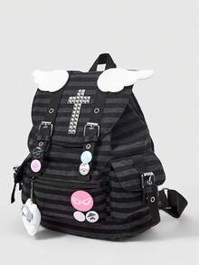 ROMWE Anime Mochila casual de moda con rayas de estilo universitario, gran capacidad y múltiples bolsillos, con colgante de gato y parche de cruz con alas, adecuada para ir al trabajo, la escuela y viajar - Cruz a rayas - Ver 2