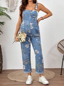 SHEIN 孕妇花卉图案口袋设计休闲牛仔背带裤 - 藍色 - 查看 5