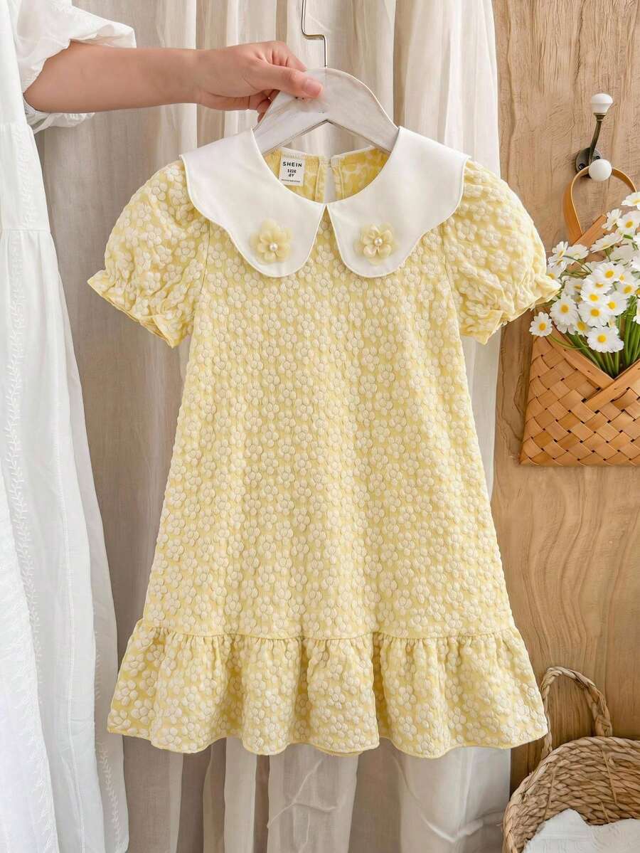 SHEIN 女童領口短袖時尚休閒簡約洋裝，3D花朵、荷葉邊裙襬、泡泡袖、娃娃領，夏季套裝，夏季洋裝，適合旅行、度假、參加聚會、學校活動、鄉村度假