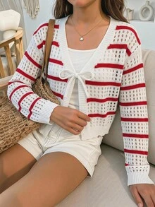 SHEIN 青少年女孩針織紅白條紋拼接休閒開襟外套 - 紅白色 - 查看 1
