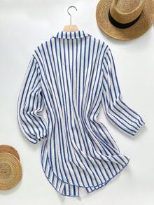 SHEIN Swim Swim SXY-D 女款春夏季藍白條紋提花面料開襟襯衫領和服式罩衫 - 藍白色 - 查看 4
