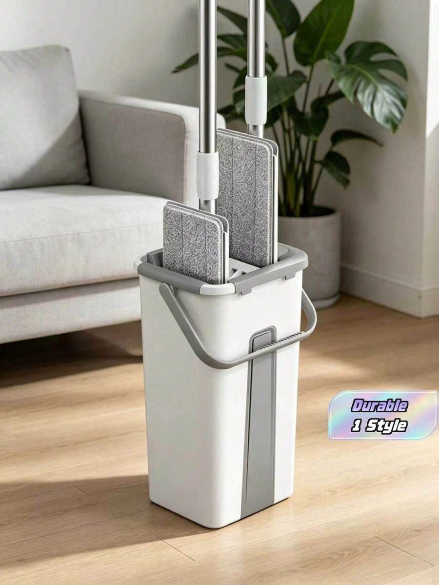 1 Set Home Cleaning Mop And Bucket Kit, Includes 4 Mop Pads, Hands-Free Flat Mop, Bucket With Mop, Dry & Wet Use, Suitable For Tile, Marble, Hardwood Floor Cleaning, Cleaning Supplies, Cleaning Tools, Christmas Gift - White Grey - View 1
