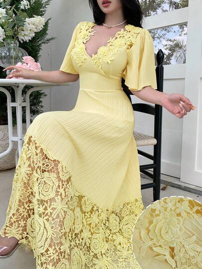 Modelyn Summer Minimalist Sexy V-Neck Embroidered Patchwork Textured Short Sleeve Cinched Waist Flattering Full Skirt Sexy Elegant Midi Dress For Women