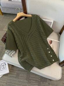 GlowEve CURVE Plus Size Casual Elegant Geometric Pattern Button V-Neck Knit Top Formal Morning Olive Green Summer - Green - View 3