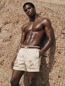 Palasendo Pantalones cortos de playa para hombre con estampado de cocoteros y letras, con cordón en la cintura, para el verano - Albaricoque - View 1
