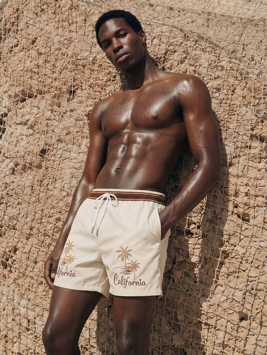 Palasendo Pantalones cortos de playa para hombre con estampado de cocoteros y letras, con cordón en la cintura, para el verano - Albaricoque - View 1