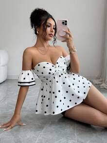 SHEIN Raffinéa Women's Polka Dot Pattern Twist Design Fashionable Off-Shoulder Blouse - White - View 1