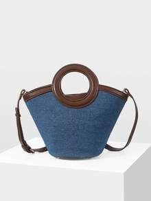 MOTF PREMIUM WOMEN'S FASHION RETRO BLUE SHOULDER BAG, CASUAL SIMPLE CONTRASTING HANDBAG, FAN SHAPE, ROUND HANDLE, SUITABLE FOR DAILY LIFE, DATING, SHOPPING, VACATION, TRAVEL - Blue coffee - View 4