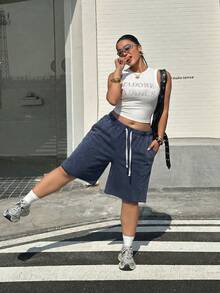 Muchica Plus Size Summer Casual Sports Shorts With Drawstring Waist And Slant Pockets - Blue - View 5
