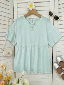 SHEIN EZwear 100%純棉淺綠色亞麻編織女款襯衫，夏季上衣，適合日常通勤、約會、聚會，秋冬春夏，聖誕節、新年、感恩節、派對、婚禮、海灘、畢業、時尚、優雅、休閒、外出、約會、預約、通勤、亮麗、情人節、優雅、度假 - 綠色 - 查看 6
