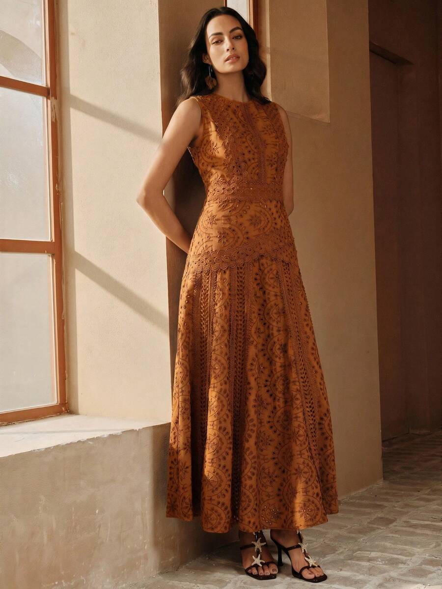 Anewsta 夏季橘色鏤空刺繡對比蕾絲飾邊無袖修身顯瘦優雅女款洋裝,度假穿搭女裝,橘色洋裝 - 橘色 - 查看 1