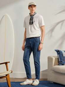 VeloEdit Dark Wash Blue Men Slant Pocket Straight Leg Jeans Without Belt, Plain Long Washed Cargo Going Out Hang Commute Work Urban Old Money Summer Vacation - Dark Wash - View 8
