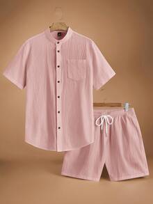 HIMLAND Men's Front Button Pocket Short Sleeve Shirt Set - Pink - View 2