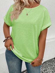 EMERY ROSE Women's Summer New Plus Size Round Neck Loose Casual Plus Size T-Shirt - Green - View 3