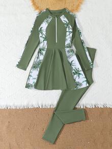 SHEIN 青少年女孩坦基尼泳衣套裝，可愛休閒保守風，軍綠色熱帶植物椰子樹數位印花，袖口印花拼接色塊，拉鍊荷葉邊下擺，泳衣背心長袖上衣配長褲，時尚休閒精緻優雅，適合游泳、度假、夏季海灘、海邊、泳池、夏日假期派對、休閒度假 - 墨綠色 - 查看 6