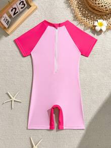 Young Girls One-Piece Swimsuit, Pink Short Sleeve One-Piece Swimsuit With Unicorn And Floral Digital Print - Pink - View 2