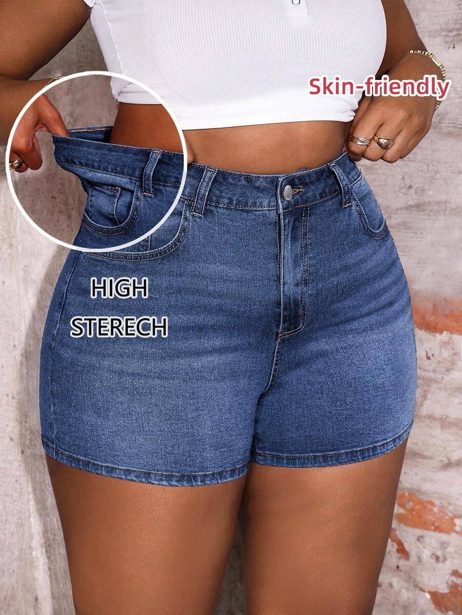 Slaydiva Plus Size Women's High Waist Pocket Button Zipper Denim Shorts Date Night Brunch Navy Blue Summer Baggy Business Casual - Light Wash - View 1