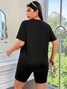 SHEIN EZwear 霧藍色大尺碼純色套裝 2件短袖上衣 + 2件及膝短褲 4件組 - 霧霾藍 - 查看 3
