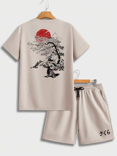 Manfinity Hypemode Men's Summer Branch Print Round Neck Short Sleeve Casual T-Shirt And Drawstring Waist Shorts Set, Vacation, Cozy Outfits