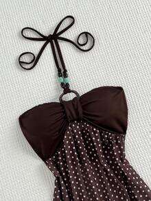 SHEIN EZwear 复古美式时尚棕色波点图案，饰以独特串珠圆环，夏季假日海滩度假时尚派对女式背心 - 棕色 - 查看 4