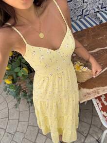 SHEIN PariChic 夏季碎花吊带露背蝴蝶结拼接优雅女式连衣裙，黄色，适合婚礼宾客、毕业典礼、海滩度假等场合 - 黃色 - 查看 9