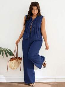 Lounesse Setelan Dua Potong Denim Kasual Wanita Ukuran Plus dengan Rompi dan Celana Bertali Depan - Dark Wash - View 8