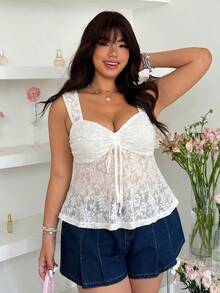 SHEIN EZwear 大尺碼女款蕾絲繫帶荷葉邊休閒百搭日常外出上衣 - 白色 - 查看 6