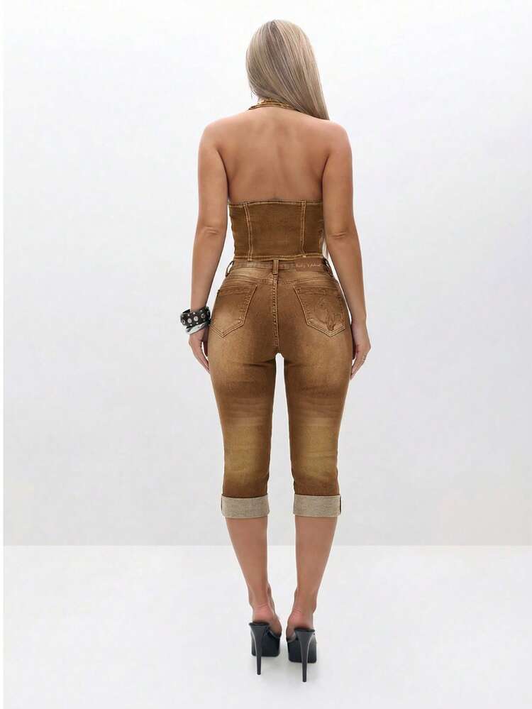 BABYPHAT Damskie jeansy capri z elastycznym denimem i podwiniętymi nogawkami, z wysokim stanem, do kolan, na co dzień