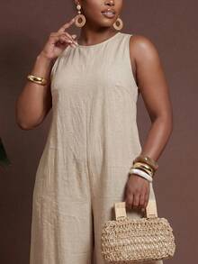 Veslaya Plus Size Women's Solid Color Round Neck Casual Daily Wear Jumpsuit Wide Leg Pants - Khaki - View 5