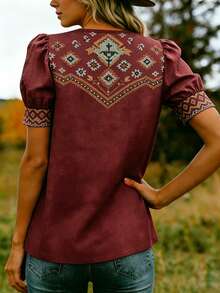 EMERY ROSE French Vintage Bohemian Geometric Pattern Top - Burgundy - View 2