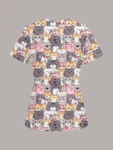 PopScrub Women's Scrub Uniform Top With Cute Cat Print Pattern, Suitable For Children, Pet Hospitals, Work Commute Scrub Uniform - Multicolor - View 2