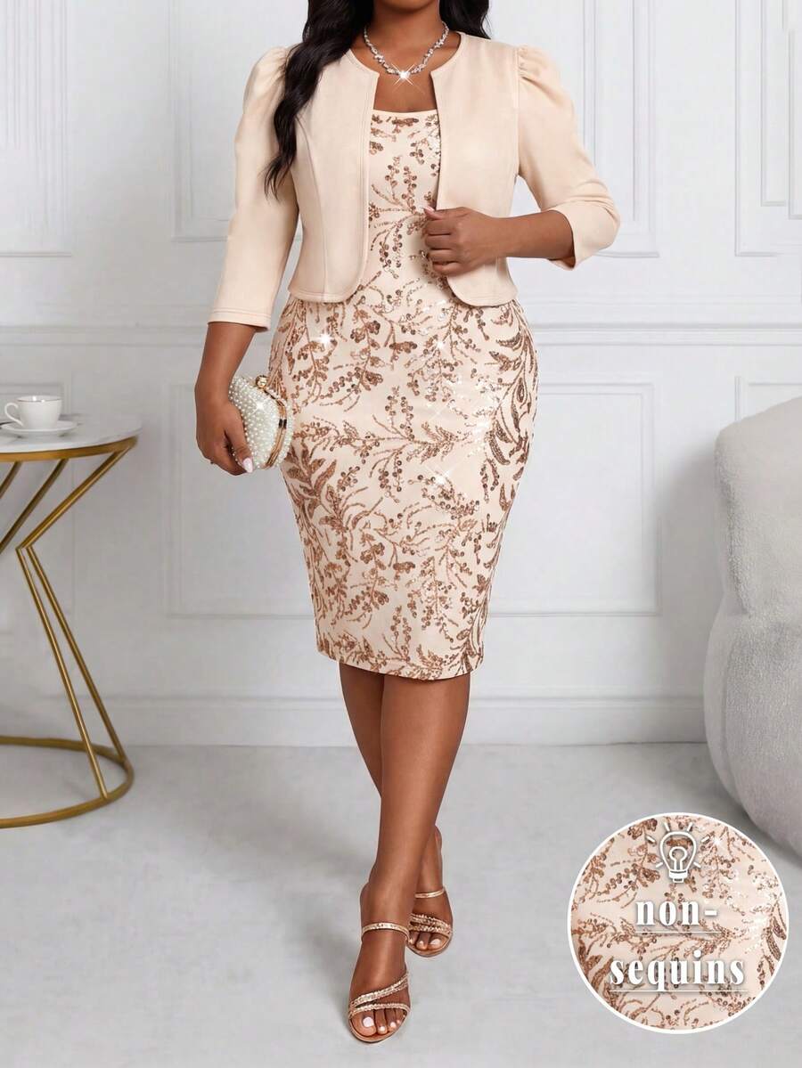 SHEIN Lady 大码纯色外套,印花连衣裙,两件套 - 金色 - 查看 1